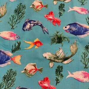 Bright primary fish on bright aqua quilt print home decor fabric - one (1) yard